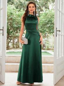 MUXXN Đầm cocktail không tay bằng satin kiểu cổ điển thập niên 1950, đầm dạ hội trang trọng thanh lịch dành cho khách dự đám cưới, lễ tốt nghiệp, tiệc chiêu đãi và các dịp khác. - Màu xanh lá cây đậm - Xem 3