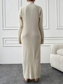 EURMUSE Cotton Solid Color Turtleneck Ribbed Knit Sweater Dress - White - View 2