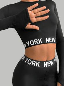 RueChic Letter Graphic Thumb Holes Crop Tee & Leggings - Black - View 6