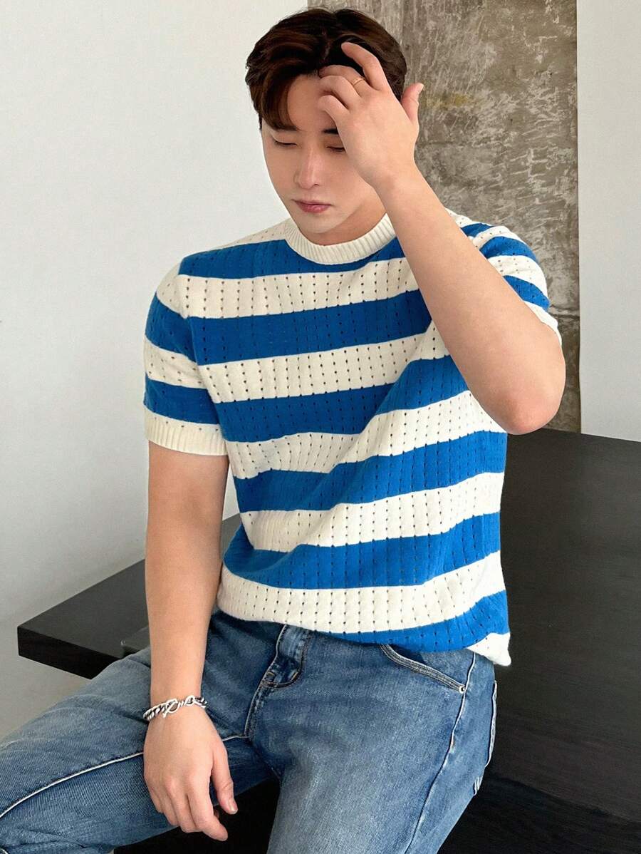 DAZY Men Striped Pattern Pointelle Knit Top - Multicolor - View 1