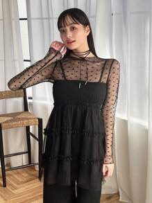 FRIFUL 女士褶皱吊带背心透明上衣 - 黑色 - 查看 6