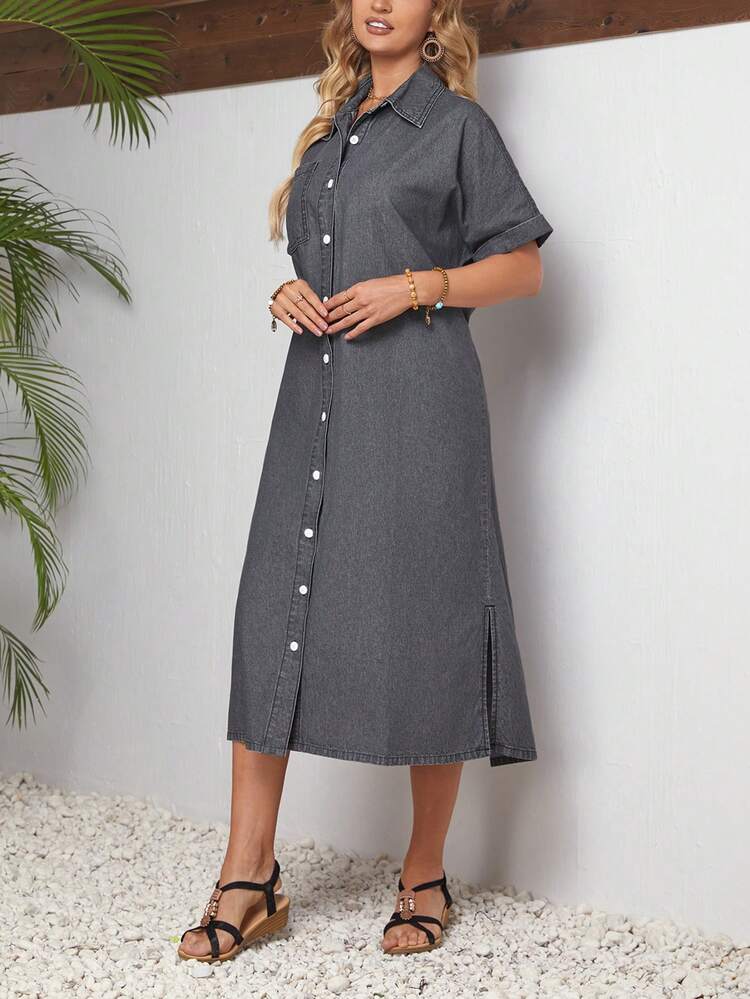 Loose Fit Denim Dress With Button-Front Closure And Pockets