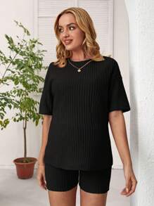 SHEIN Maternity Ribbed Round Neck T-Shirt And Shorts Set - Black - View 5