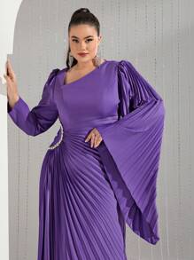 Modelyn Plus Size Women's Solid Color Asymmetric Neckline Pleated Hem Dress - Purple - View 8