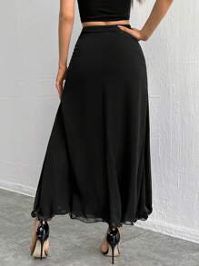 SHEIN Privé Elegante falda de doble capa con abertura alta en unicolor - Negro - Ver 4