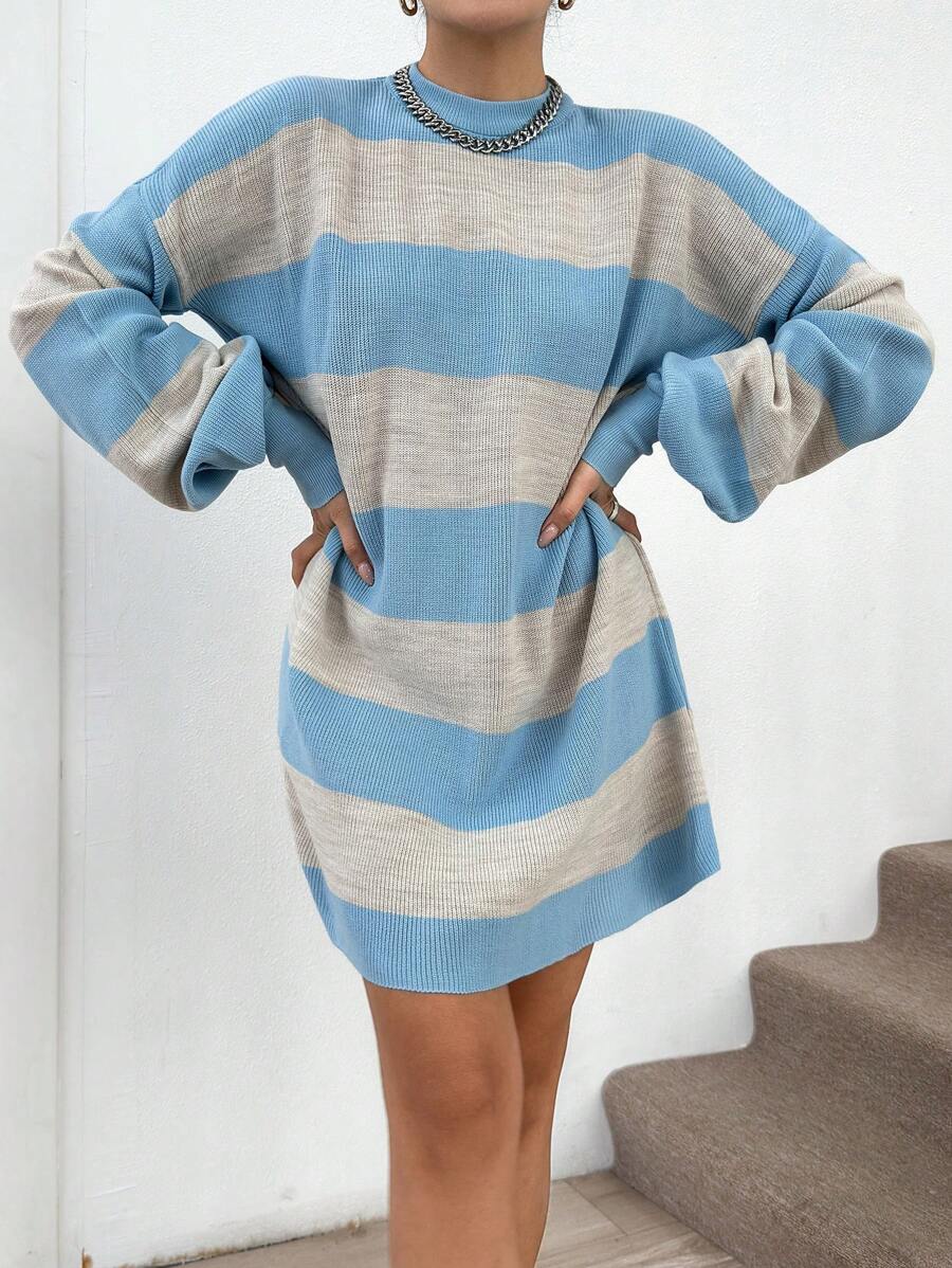EURMUSE Two Tone Drop Shoulder Sweater Dress - Baby Blue - View 1