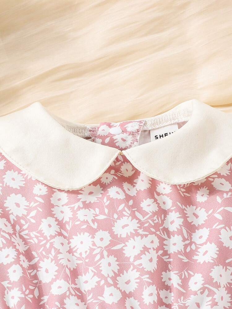 Baby Girl Floral Patchwork Bubble Sleeve Dress With Ruffle Hem For Summer
