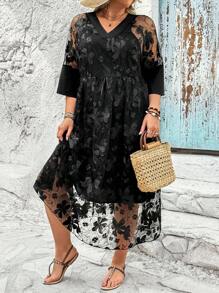 SHEIN Clasi 大尺碼女用刺繡網布兩件套 - 黑色 - 查看 3