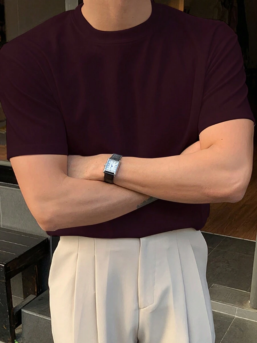 DAZY Nam Mùa hè Màu thuần Áo thun - Màu Đỏ Sâu - Xem 1