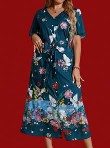 SHEIN LUNE Plus Size Women'S Floral Printed Button Front Dress - Green - View 4