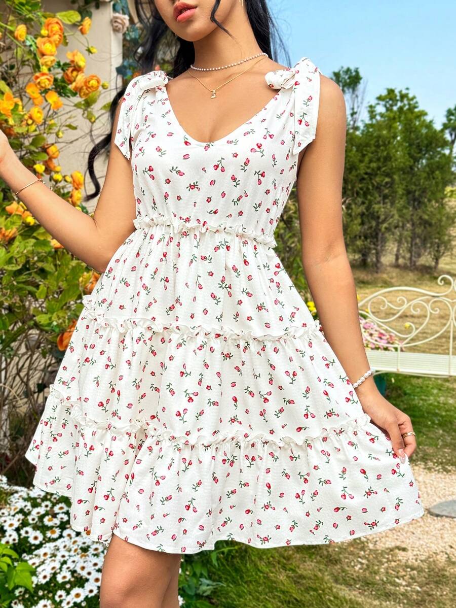 Soleia Floral Print Shoulder Strap Sundress - White - View 1