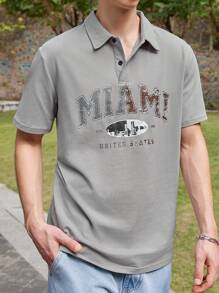 Manfinity VCAY Men's Knitted Loose Fit Half Buttoned Polo Shirt With Letter Pattern - Grey - View 5