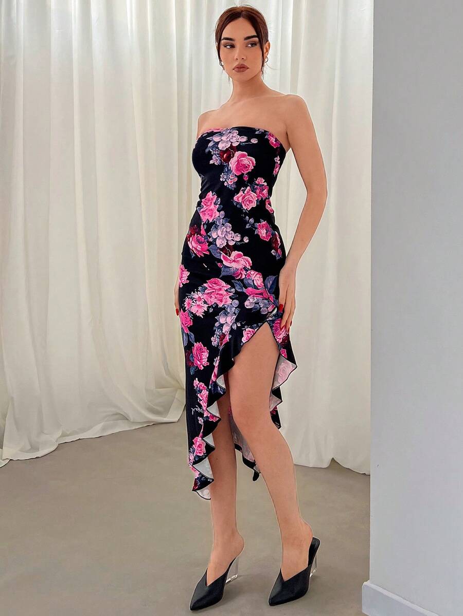 SHEIN Privé 浪漫花卉印花荷葉邊露肩裙 - 彩色 - 查看 1