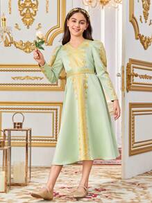 SHEIN Tween Girls' Merging Cute V-Neck Floral Pattern Long Sleeve Dress - Green - View 5