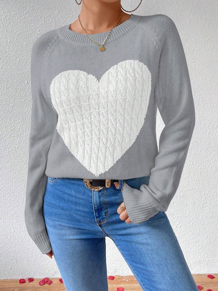 Heart Pattern Raglan Sleeve Sweater, Knit Pullover Fall Winter
