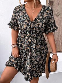 SHEIN Clasi 大尺碼女裝全印花前綁帶洋裝 - 彩色 - 查看 4