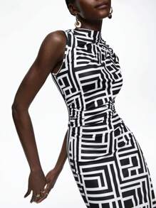 Maija Của phụ nữ Đứng cổ áo Hình học In Váy không tay - Đen và trắng - Xem 5