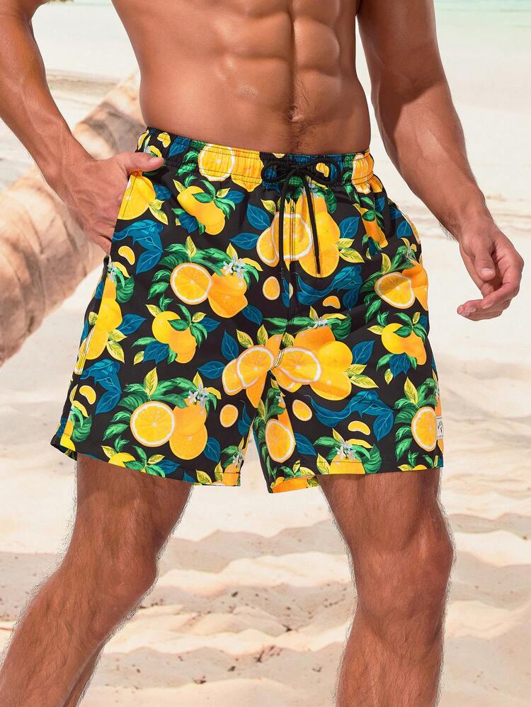 Men's Fruit Print Beach Shorts With Pockets