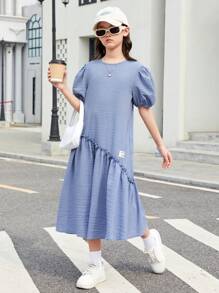 SHEIN Vestido De Media Longitud Con Lindo Diseño De Mangas De Burbuja Y Cuello Redondo Para Niñas Adolescentes Con Diseño De Abertura - Azul - Ver 4