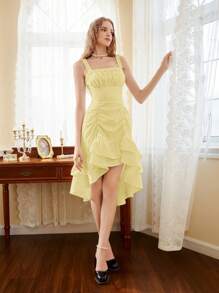 SHEIN MOD Của phụ nữ Pleated Bust Hem cao thấp Váy không tay Không có Eo Thắt lưng - Màu vàng - Xem 4