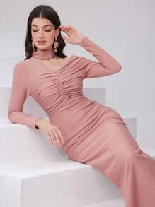 Modelyn Women's Asymmetrical Neckline Pleated Bodycon Dress - Pink - View 4