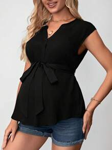 SHEIN Maternity Notched Collar Sleeveless Blouse With Belt Design