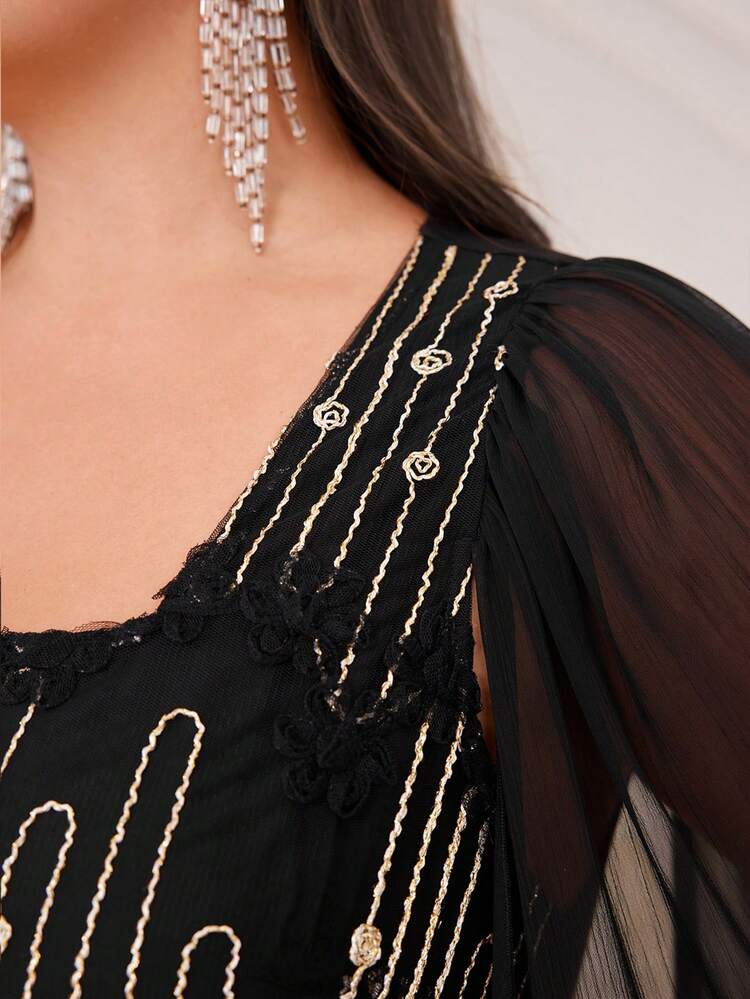 Plus Size Women's Sequined Extra-Long Sleeve Dress Long Evening Dresses