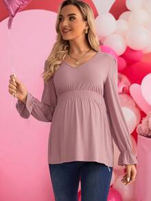 SHEIN 孕婦v領灑蓬袖t恤 - 粉色 - 查看 4