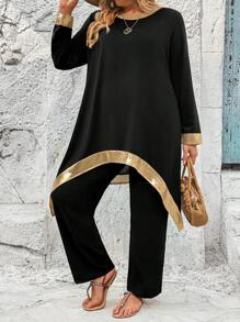 EMERY ROSE 大尺碼不對稱下擺拼色上衣純色褲子兩件套 - 黑色 - 查看 5