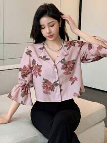 DAZY Women's Floral Printed Ruffle Hem Blouse With Flounce Sleeves,Long Sleeve Tops Fall - Pink - View 5