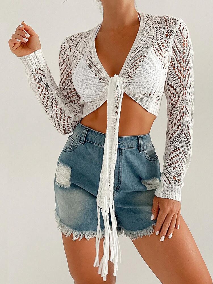 Summer Women's Solid Color Knitted Hollow Out Tie-Up Crop Kimono, Long Sleeve Beach Vacay Vibe