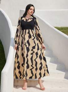 Modelyn Robe modeste à manches de lanterne longues avec imprimé vagues - Nude - Voir 2