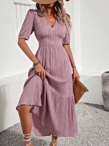 SHEIN Clasi Solid Color Textured Empire Waist Dress With Ruffle Hem - Dusty Pink - View 1