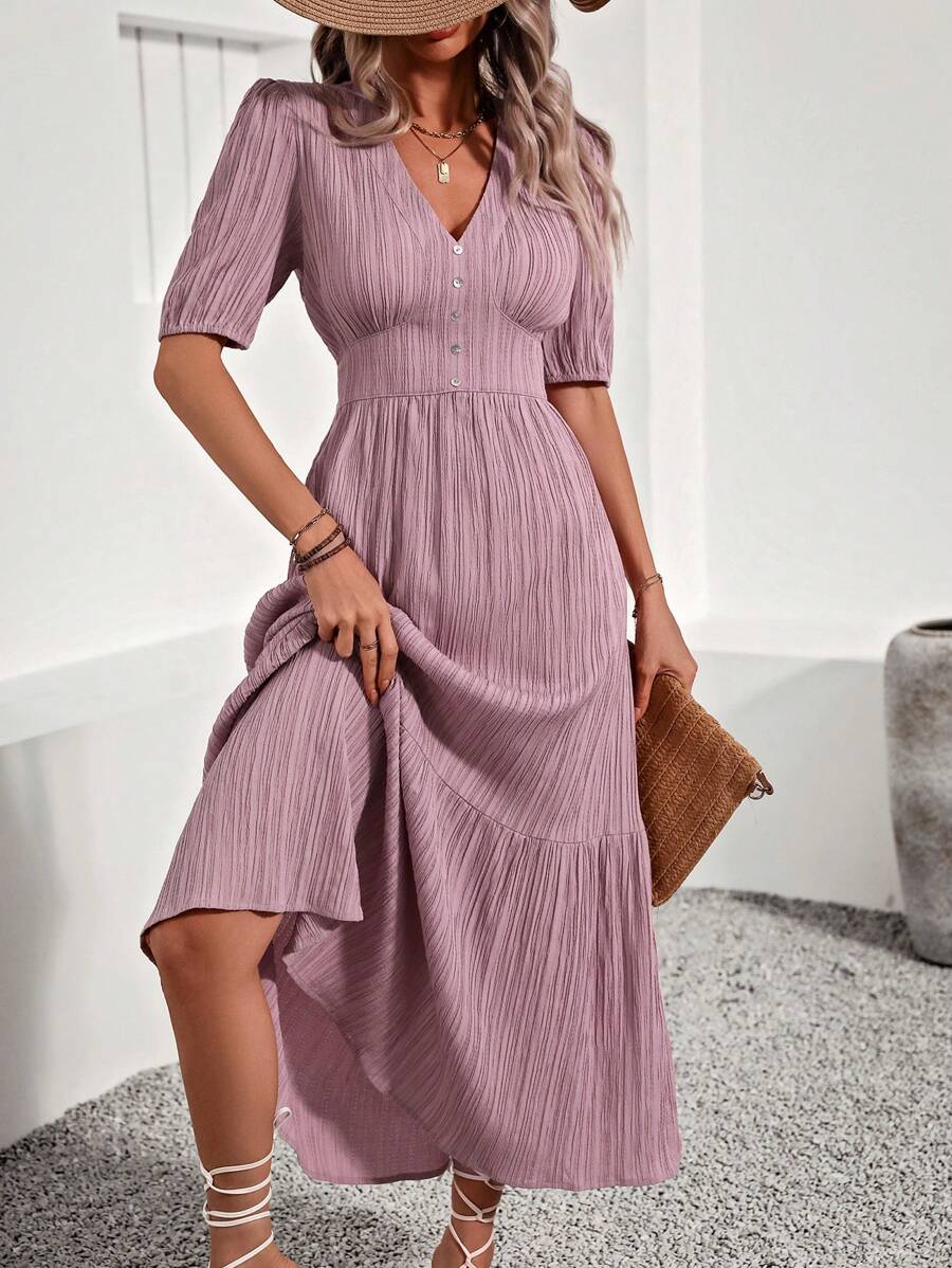 SHEIN Clasi Solid Color Textured Empire Waist Dress With Ruffle Hem - Dusty Pink - View 1