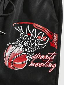 ROMWE MEN Prep Men's Basketball Printed Shorts - Black - View 5