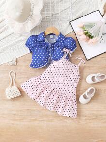 SHEIN Baby Girl Casual And Cute Polka Dot Ruffle Strap Dress And Short Sleeve Jacket Set - Pink - View 1