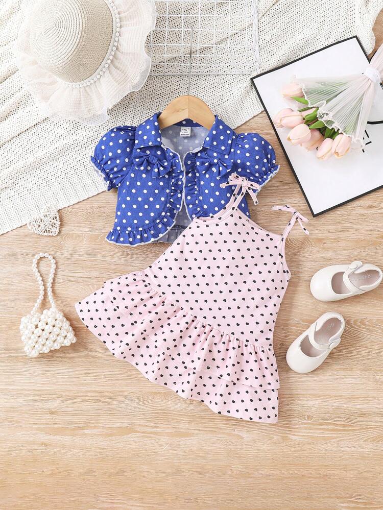 Baby Girl Casual And Cute Polka Dot Ruffle Strap Dress And Short Sleeve Jacket Set