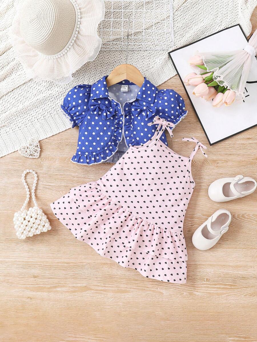 SHEIN Baby Girl Casual And Cute Polka Dot Ruffle Strap Dress And Short Sleeve Jacket Set - Pink - View 1