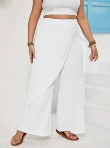 SHEIN VCAY Plus Size Vacation/Beach/Leisure Double-Layer Asymmetrical Hem Wide-Leg White Pants With Ruffled Detail - White - View 1