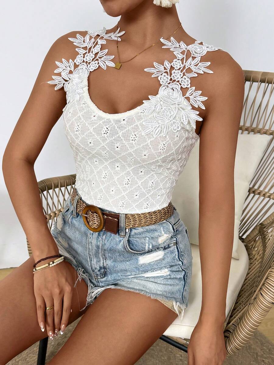 SHEIN VCAY Women's Burnout Floral Embroidery Tank Top - White - View 1