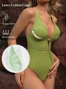Swim Vcay Của phụ nữ Màu thuần Xu hướng: Cắt giảm Áo tắm một mảnh Lễ hội hóa trang - màu xanh lá - Xem 4