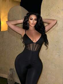 Zolique Women's Mesh Contrast Bodycon Jumpsuit Unitard - Black - View 3