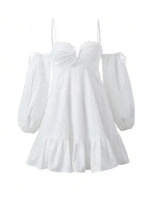 Enchnt Summer Ladies' Solid Color Off-Shoulder Lantern Sleeve Cami Dress - White - View 7
