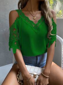 SHEIN Clasi Cold Shoulder Guipure Lace Blouse - Green - View 1