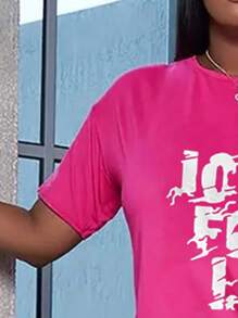 SHEIN LUNE Plus Size Women's Letter Printed Short Sleeve T-Shirt And Cycling Shorts Two-Piece Set - Hot Pink - View 3