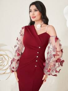 Modelyn Burgundy Red Butterfly Embroidery Sheer Mesh Contrast Slit Dress Long Evening Dresses