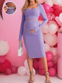 SHEIN 孕婦長袖短上衣和可調腰裙套裝 - 紫色 - 查看 1