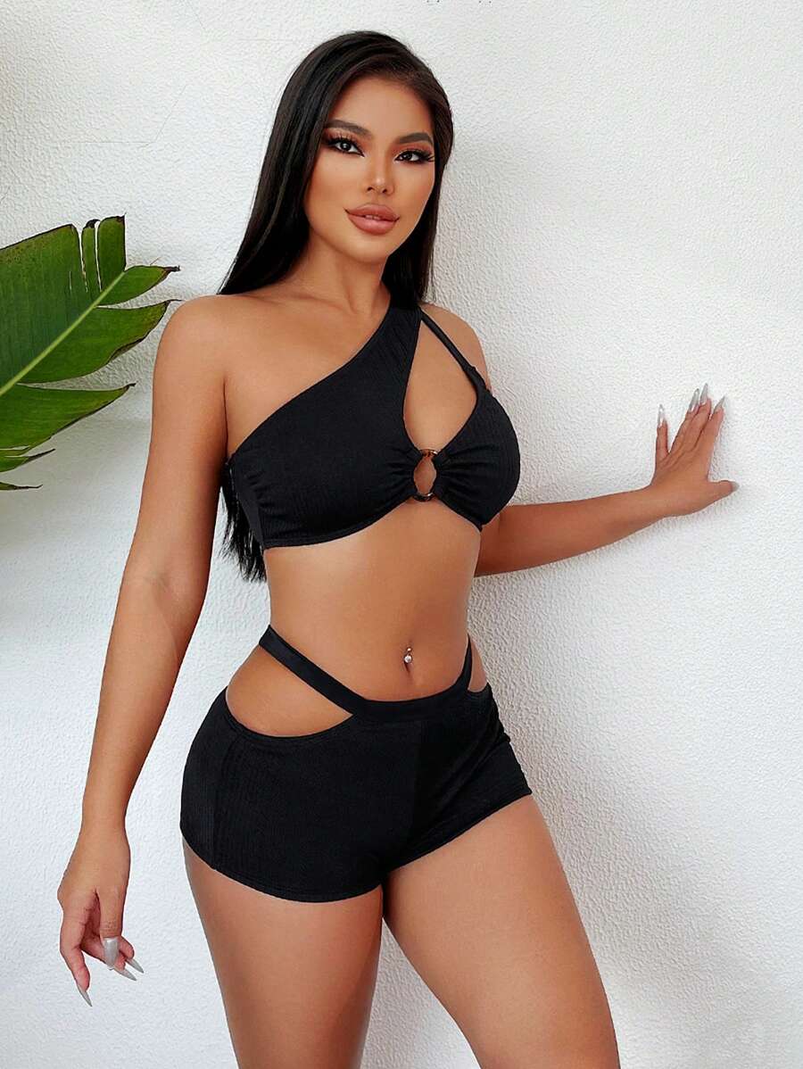 SHEIN Swim 夏季海滩女士单肩镂空比基尼套装