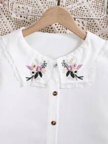 Tween Girl Embroidery Statement Collar Flounce Sleeve Shirt - White - View 8