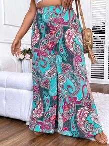 SHEIN LUNE Plus Paisley Print Wide Leg Trousers - Multicolor - View 3